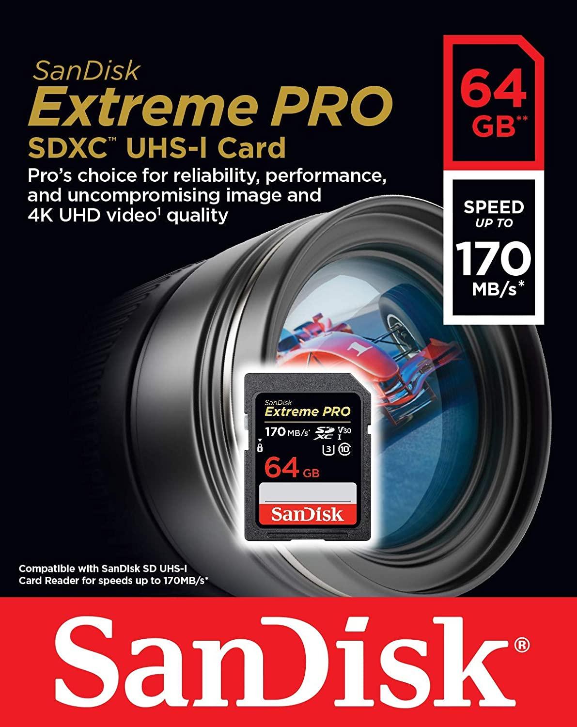 SanDisk 64GB Extreme PRO SDXC UHS-I Card - C10, U3, V30, 4K UHD, SD Card - Cinegear Middle-East S.A.L