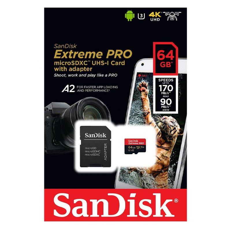 SanDisk Extreme Pro MicroSDXC UHS-I U3 A2 V30 64GB + Adapter - Cinegear Middle-East S.A.L